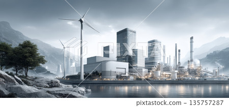Modern industrial waterfront skyline with wind turbine energy, foggy mountain backdrop 135757287