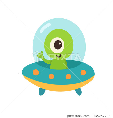 Friendly alien waving from flying UFO in colorful space scene, created for sci fi kids content, adventure stories, and imaginative design 135757702