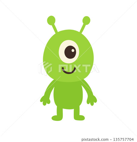 Cute green alien cartoon character smiling on white background, designed for children stories, playful branding, and fantasy illustration projects 135757704