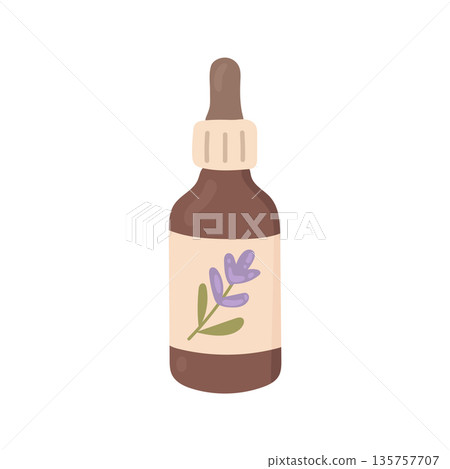 Hand drawn lavender essential oil bottle illustration for aromatherapy blogs, natural skincare branding, herbal medicine articles, and spa product packaging design 135757707