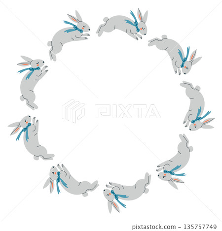Easter bunny wreath with cute rabbits forming a circular frame on white background. Concept of spring holiday decoration, playful easter design and festive greeting Easter bunny wreath with cute rabbits forming a circular frame on white background. Concept of spring holiday decoration, playful easter design and festive greeting 135757749