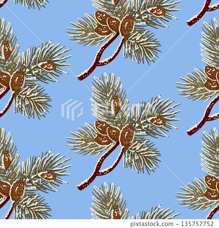 Seamless winter pattern with fir tree branches and pine cones covered with snow on blue background. Concept of Christmas decoration, holiday design and seasonal nature ornament Seamless winter pattern with fir tree branches and pine cones covered with snow on blue background. Concept of Christmas decoration, holiday design and seasonal nature ornament 135757752
