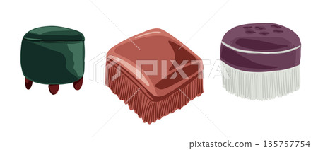 Corduroy ottoman pouf furniture set isolated on white background in hand drawn vector style. The illustration represents cozy home interior, comfort, modern living, and functional decor concept 135757754
