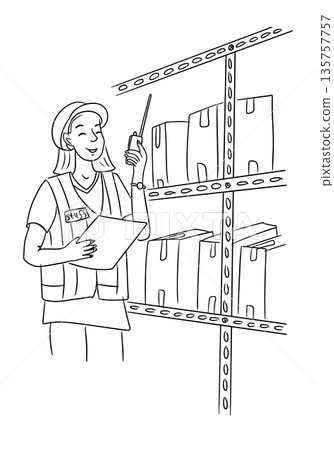 Warehouse worker checking inventory on metal shelf using clipboard and walkie talkie in storage area. Concept of logistics control, inventory management and warehouse workflow 135757757