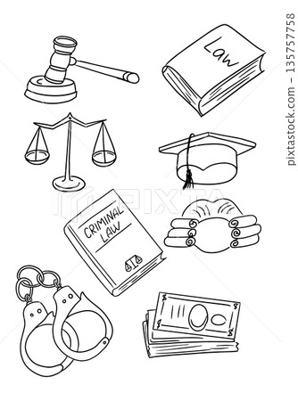 Law and justice icon set with gavel, book, scale, graduation cap, wig, handcuff and money drawn in outline style. Concept of legal system, education, crime and judicial process Law and justice icon set with gavel, book, scale, graduation cap, wig, handcuff and money drawn in outline style. Concept of legal system, education, crime and judicial process 135757758