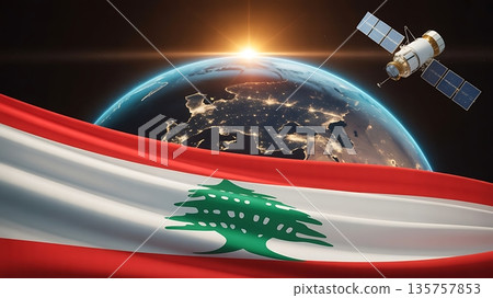 Lebanese flag waving in space with satellite and Earth background at sunrise symbolizing national pride and technology 135757853