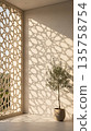 Potted Olive Tree Casting Geometric Shadows in Minimalist Sunny Room with Modern Design. 135758754