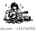 Monochrome illustration of a young woman singing while playing the guitar 135758760