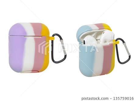 Wireless headphones in a silicone case, isolated on a white background, collage 135759016