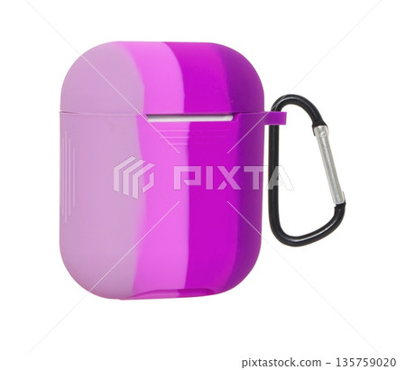 Wireless headphones in a silicone case, isolated on a white background, collage Wireless headphones in a silicone case, isolated on a white background, collage 135759020