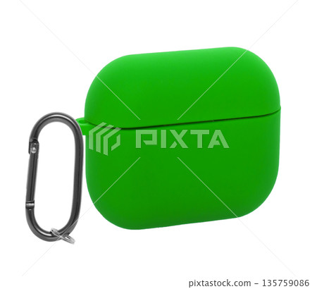 silicone case with a carabiner for wireless headphones, isolated on a white background silicone case with a carabiner for wireless headphones, isolated on a white background 135759086
