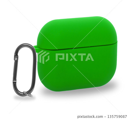 silicone case with a carabiner for wireless headphones, isolated on a white background silicone case with a carabiner for wireless headphones, isolated on a white background 135759087