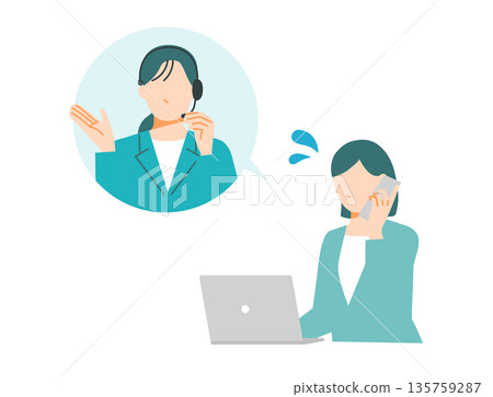 插圖描繪了一位戴著耳機的呼叫中心女員工正在指導一位在電腦前遇到困難的女士。 135759287