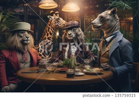 Anthropomorphic lion, giraffe, and leopard in formal attire at dinner table 135759315