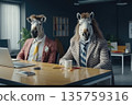Two people in zebra masks sitting at office desk with laptop, concept of creativity 135759316