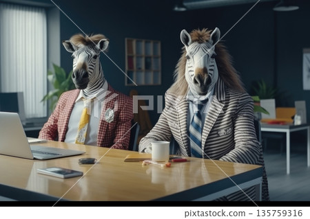 Two people in zebra masks sitting at office desk with laptop, concept of creativity 135759316