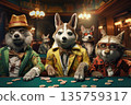 Anthropomorphic wolves playing poker at classic casino table, concept art 135759317