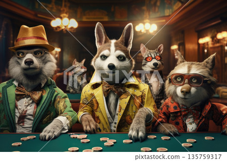 Anthropomorphic wolves playing poker at classic casino table, concept art 135759317