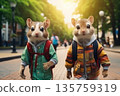 Two chipmunks wearing colorful jackets and backpacks walking on sunny street 135759319