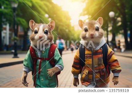 Two chipmunks wearing colorful jackets and backpacks walking on sunny street Two chipmunks wearing colorful jackets and backpacks walking on sunny street 135759319
