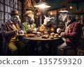 Animals in elegant clothing having tea party in cozy cafe setting 135759320