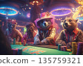 Anthropomorphic animals in casino setting at poker table 135759321