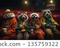 Raccoons sitting in cinema row holding cups wearing colorful outfits and hats 135759322