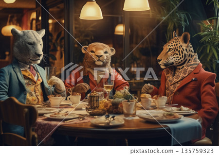 Anthropomorphic animals dining elegantly together at restaurant table 135759323