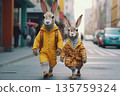Two rabbits walking down city street in colorful coats, concept of urban life 135759324