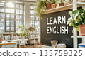 Airy sunlit classroom with chalkboard with text Learn English, educational concept 135759325