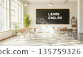 Airy sunlit classroom with chalkboard with text Learn English, educational concept 135759326