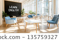 Airy sunlit classroom with chalkboard with text Learn English, educational concept 135759327