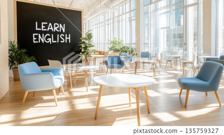 Airy sunlit classroom with chalkboard with text Learn English, educational concept 135759327