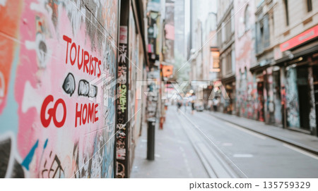 Curvy narrow street with residential buildings and protest graffiti Tourists Go Home, overtourism concept Curvy narrow street with residential buildings and protest graffiti Tourists Go Home, overtourism concept 135759329