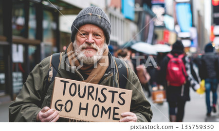 Elderly protester man holds sign with text Tourists Go Home, demonstration against overtourism in touristic european city Elderly protester man holds sign with text Tourists Go Home, demonstration against overtourism in touristic european city 135759330