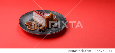 Strawberry cheesecake, a slice of sweet pie, a classic cheesecake dessert. Strawberry cheesecake 135759955