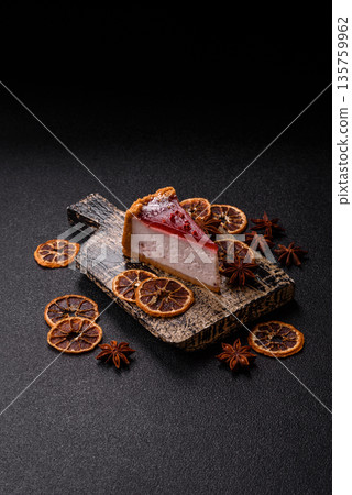 Strawberry cheesecake, a slice of sweet pie, a classic cheesecake dessert. Strawberry cheesecake 135759962