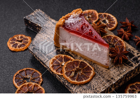Strawberry cheesecake, a slice of sweet pie, a classic cheesecake dessert. Strawberry cheesecake 135759963