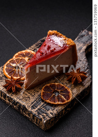 Strawberry cheesecake, a slice of sweet pie, a classic cheesecake dessert. Strawberry cheesecake 135759969