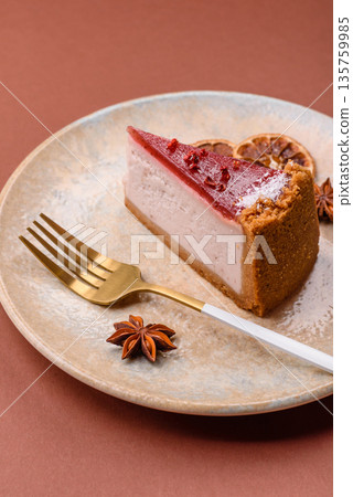 Strawberry cheesecake, a slice of sweet pie, a classic cheesecake dessert. Strawberry cheesecake Strawberry cheesecake, a slice of sweet pie, a classic cheesecake dessert. Strawberry cheesecake 135759985