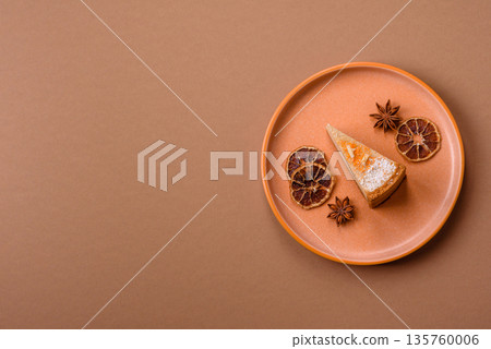 Cheesecake, a slice of sweet pie, a classic cheese dessert. Cheesecake as a food background 135760006