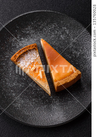Cheesecake, a slice of sweet pie, a classic cheese dessert. Cheesecake as a food background Cheesecake, a slice of sweet pie, a classic cheese dessert. Cheesecake as a food background 135760028
