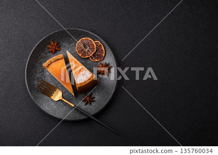 Cheesecake, a slice of sweet pie, a classic cheese dessert. Cheesecake as a food background Cheesecake, a slice of sweet pie, a classic cheese dessert. Cheesecake as a food background 135760034