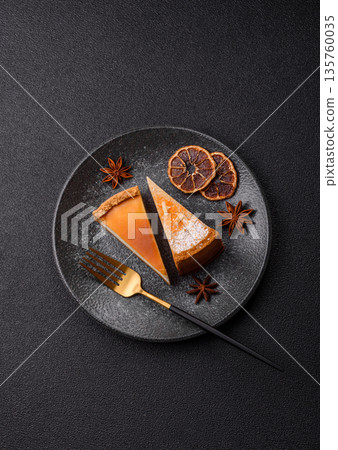 Cheesecake, a slice of sweet pie, a classic cheese dessert. Cheesecake as a food background Cheesecake, a slice of sweet pie, a classic cheese dessert. Cheesecake as a food background 135760035