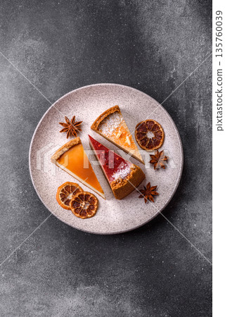 Cheesecake, a slice of sweet pie, a classic cheese dessert. Cheesecake as a food background Cheesecake, a slice of sweet pie, a classic cheese dessert. Cheesecake as a food background 135760039