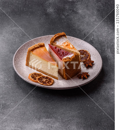 Cheesecake, a slice of sweet pie, a classic cheese dessert. Cheesecake as a food background Cheesecake, a slice of sweet pie, a classic cheese dessert. Cheesecake as a food background 135760040