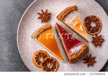 Cheesecake, a slice of sweet pie, a classic cheese dessert. Cheesecake as a food background 135760042