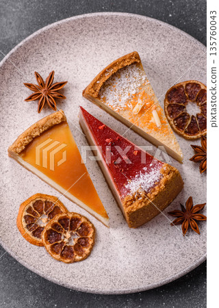 Cheesecake, a slice of sweet pie, a classic cheese dessert. Cheesecake as a food background Cheesecake, a slice of sweet pie, a classic cheese dessert. Cheesecake as a food background 135760043