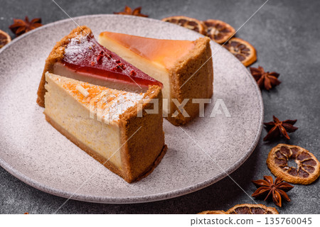 Cheesecake, a slice of sweet pie, a classic cheese dessert. Cheesecake as a food background Cheesecake, a slice of sweet pie, a classic cheese dessert. Cheesecake as a food background 135760045