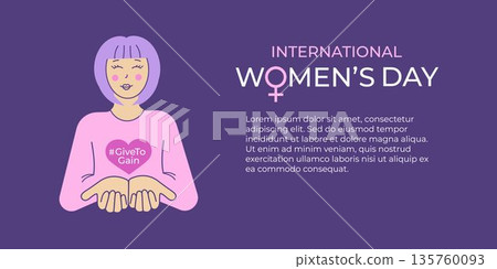International Women's Day banner with female character holding heart, flat vector illustration for social media, posters, flyers and web design. Give to gain. International Women's Day banner with female character holding heart, flat vector illustration for social media, posters, flyers and web design. Give to gain. 135760093